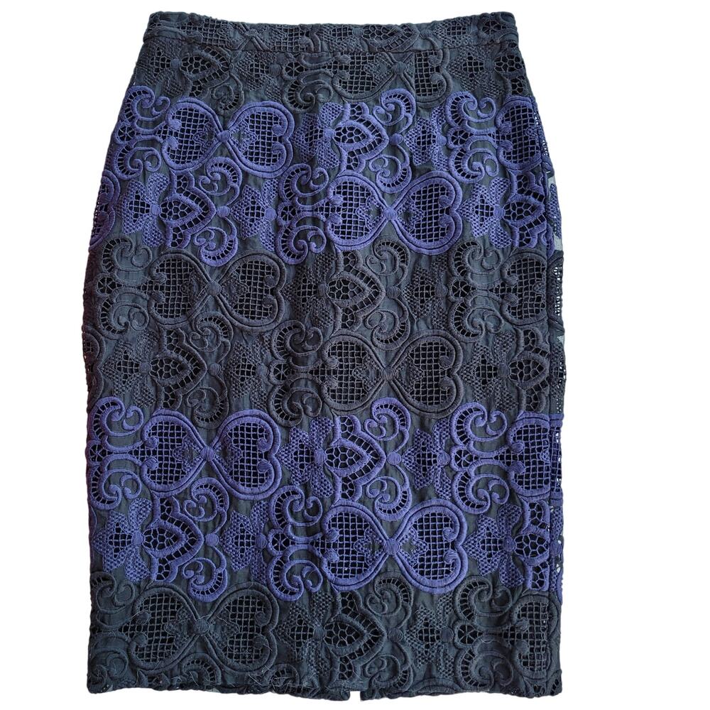 A.L.C. Silk Color Block Lace Embroidered Pencil Skirt Size 8 Blue Black Luxury